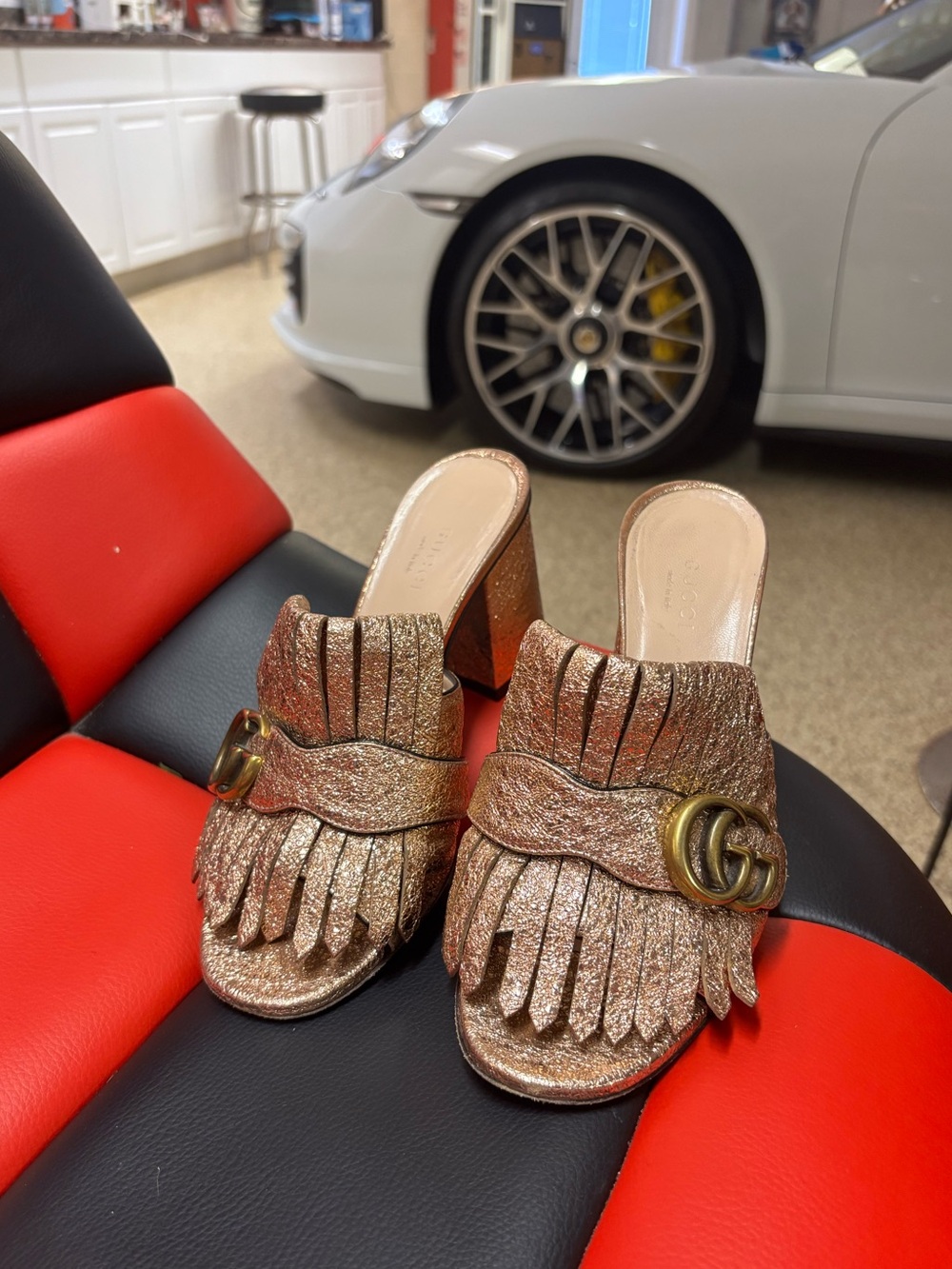 Gucci Rose Gold Metallic Fringe GG Mule Sandals 6.5 US